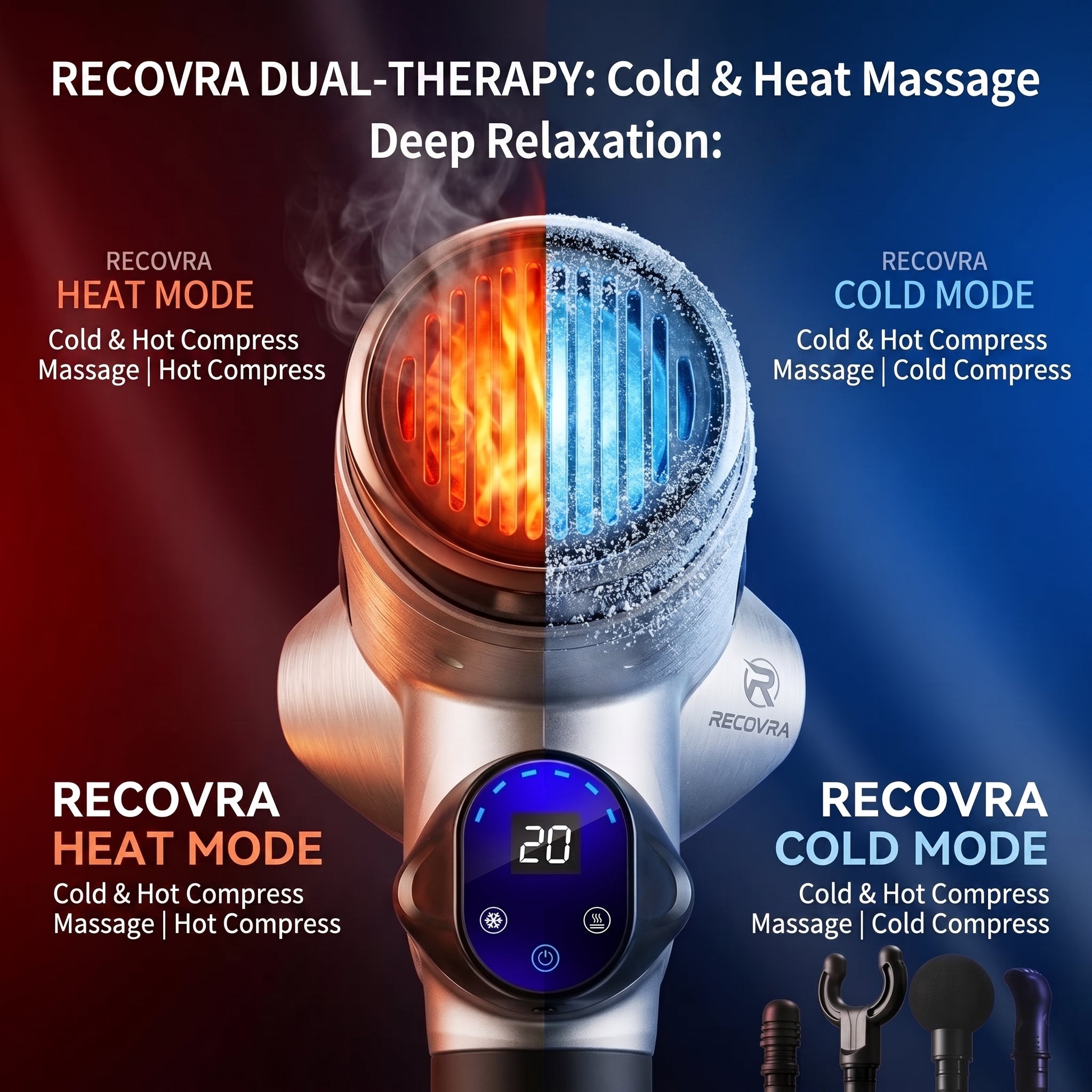 RECOVRA™ Pro Cold & Heat Massage Gun - Deep Tissue Shiatsu Percussion Therapy | 20 Speeds & Smart LCD Touch Screen